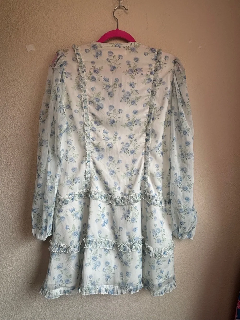 Rachel Parcell White Blue Floral Ruffle Sheer Long Sleeve Mini Dress M